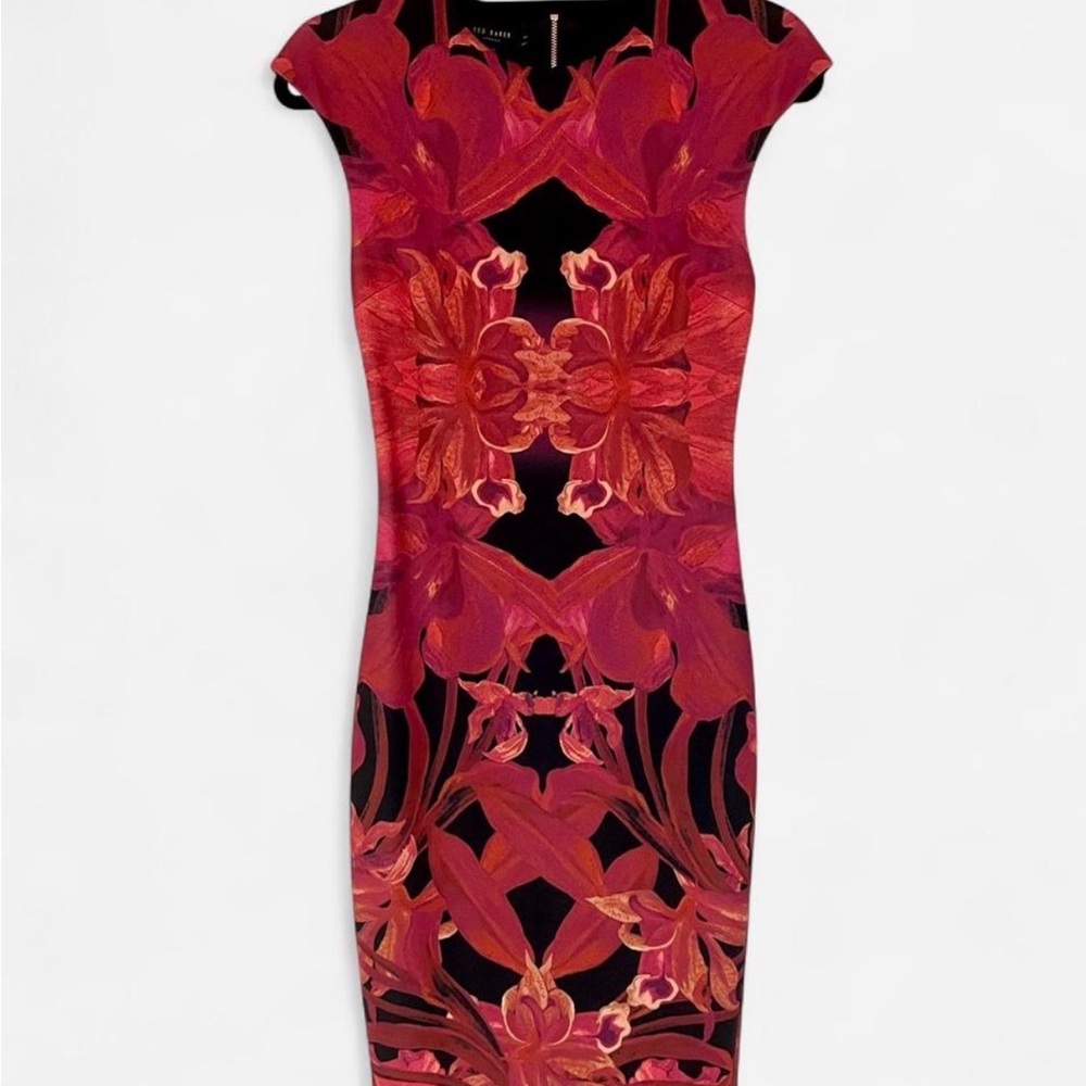 Ted Baker London Red and Black Orchid Floral Midi Dress Size 1 / US 2-4 Bodycon